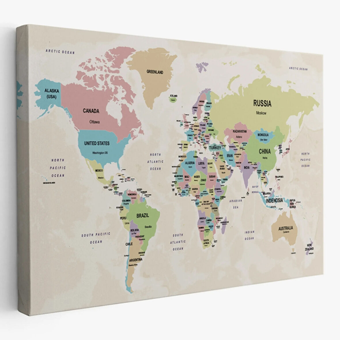 Ülke Başkentli Okyanuslu İngilizce Dünya Haritası Dekoratif Kanvas Tablo, Duvar Dekoru 2749