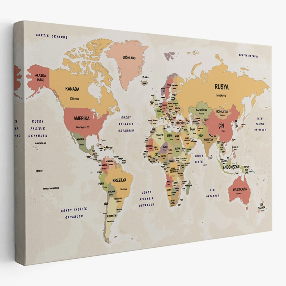 Ülke Başkentli Okyanuslu Türkçe Dünya Haritası Dekoratif Kanvas Tablo, Duvar Dekoru 2750