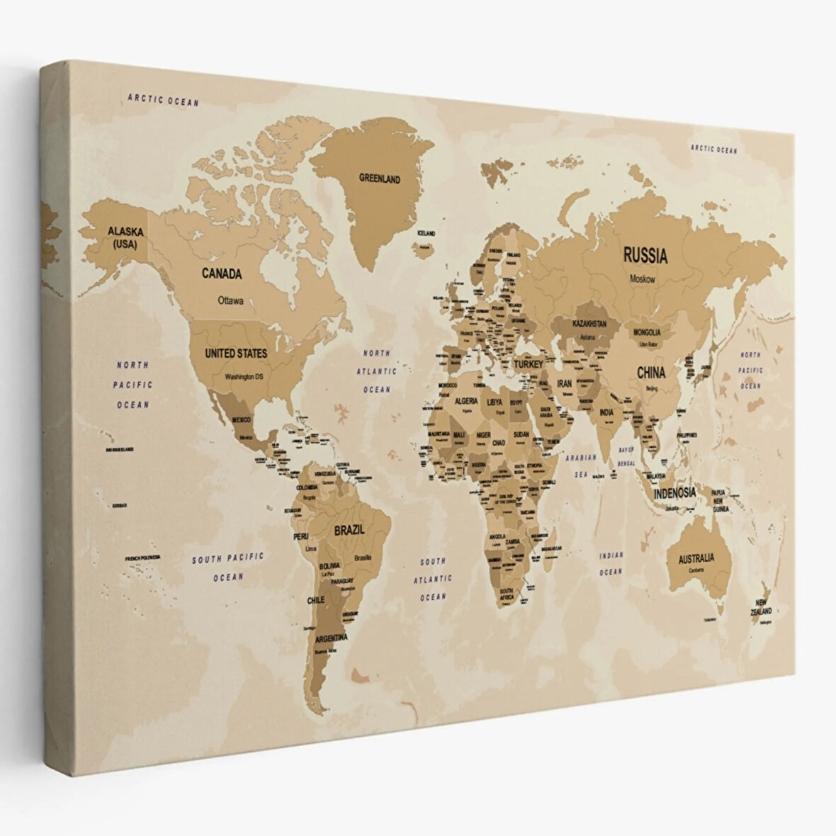 Ülke Başkentli Okyanuslu İngilizce Dünya Haritası Dekoratif Kanvas Tablo, Duvar Dekoru 2765