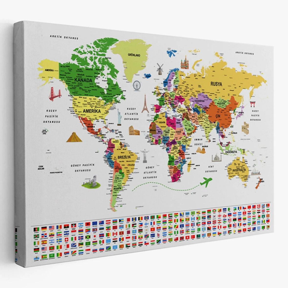 Detaylı Sembollü Bayraklı  Türkçe Dünya Haritası Dekoratif Kanvas Tablo, Duvar Dekoru 2840