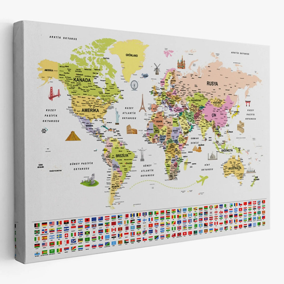 Detaylı Sembollü Bayraklı  Türkçe Dünya Haritası Dekoratif Kanvas Tablo, Duvar Dekoru 2850
