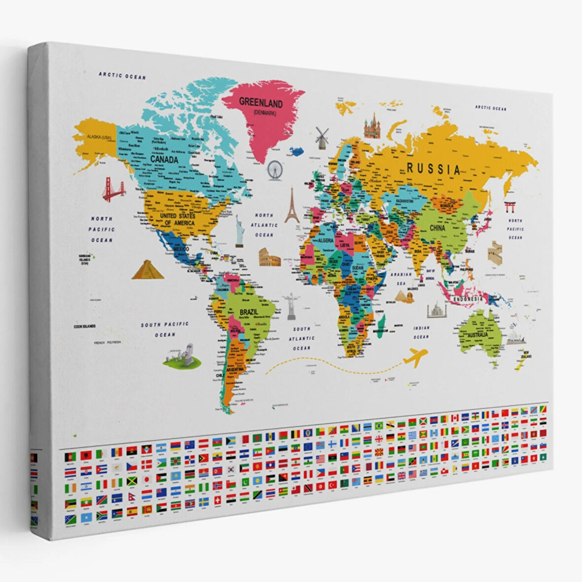Detaylı Sembollü Bayraklı  İngilizce Dünya Haritası Dekoratif Kanvas Tablo, Duvar Dekoru 2867