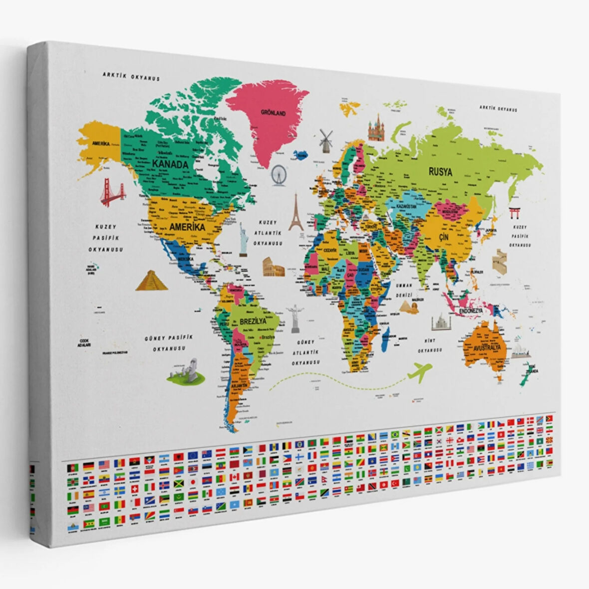 Ülke Bayrakları ve Semboller Türkçe Dünya Haritası Dekoratif Kanvas Tablo, Duvar Dekoru 2870