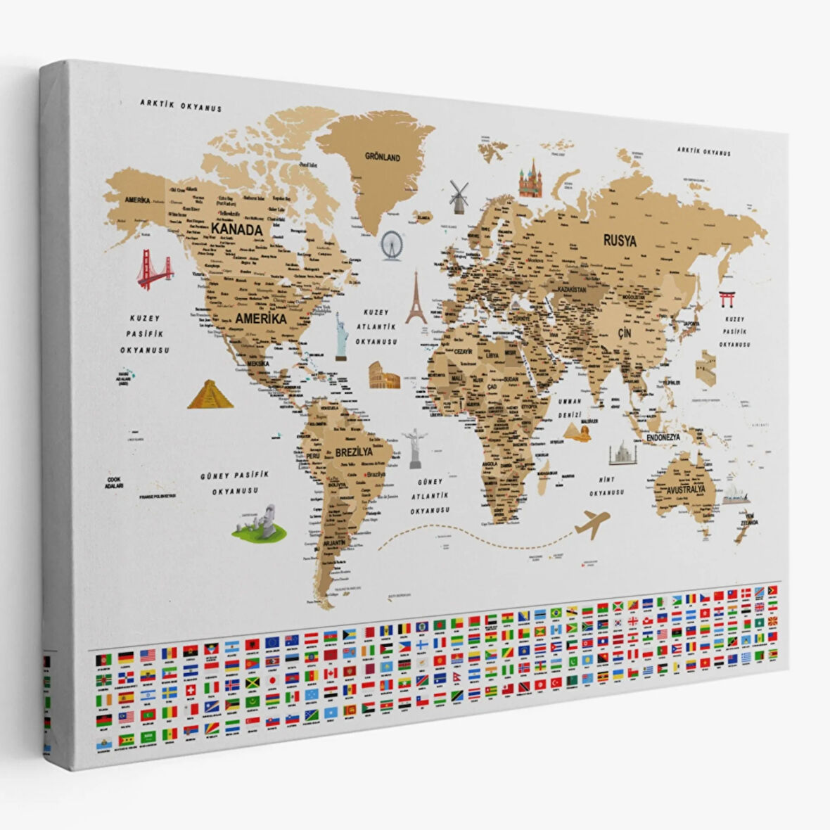 Detaylı Sembollü Bayraklı  Türkçe Dünya Haritası Dekoratif Kanvas Tablo, Duvar Dekoru 2874