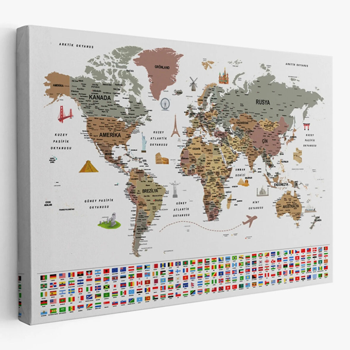 Detaylı Sembollü Bayraklı  Türkçe Dünya Haritası Dekoratif Kanvas Tablo, Duvar Dekoru 2880