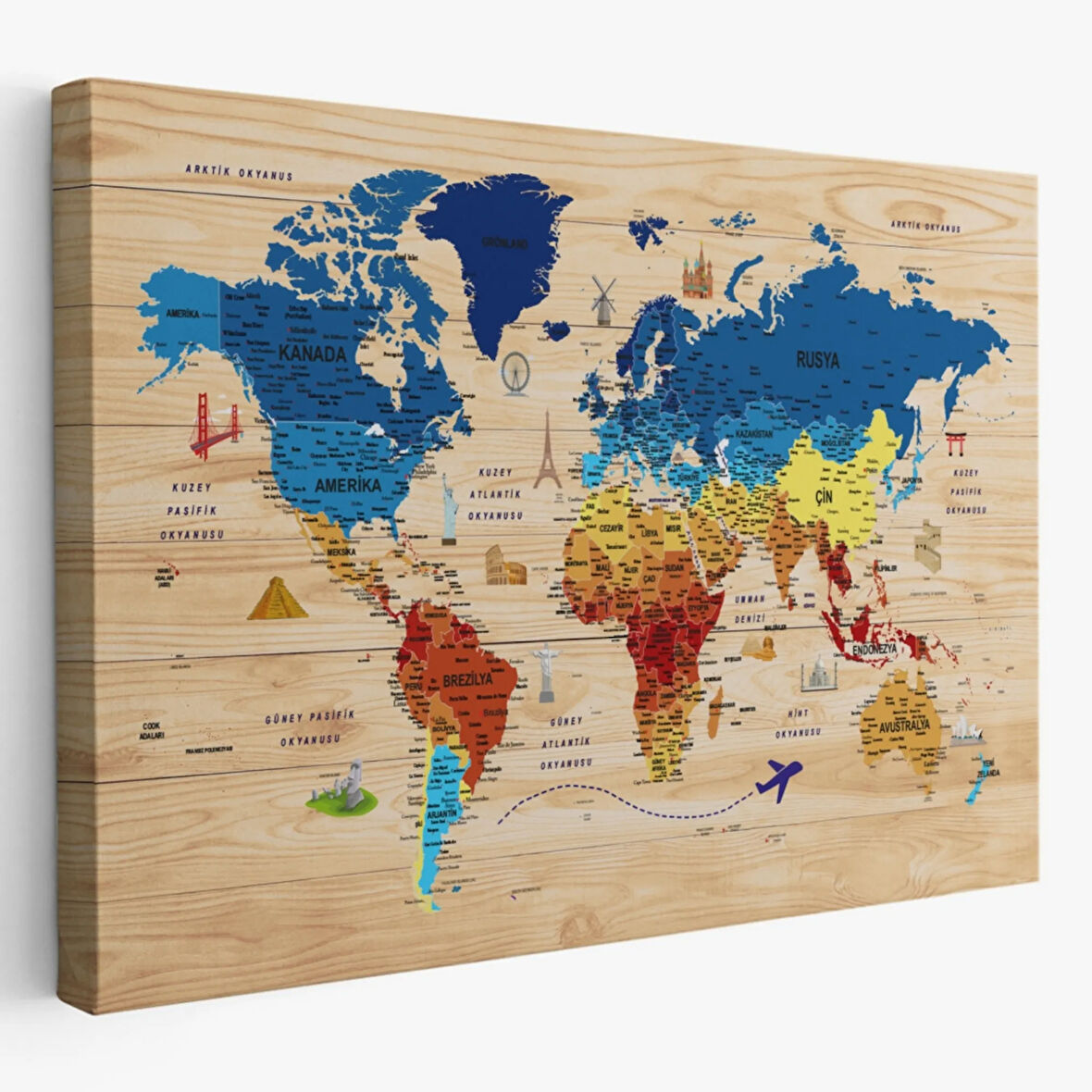 Ahşap Görünüm Sembollü  Türkçe Dünya Haritası Dekoratif Kanvas Tablo, Duvar Dekoru 2891