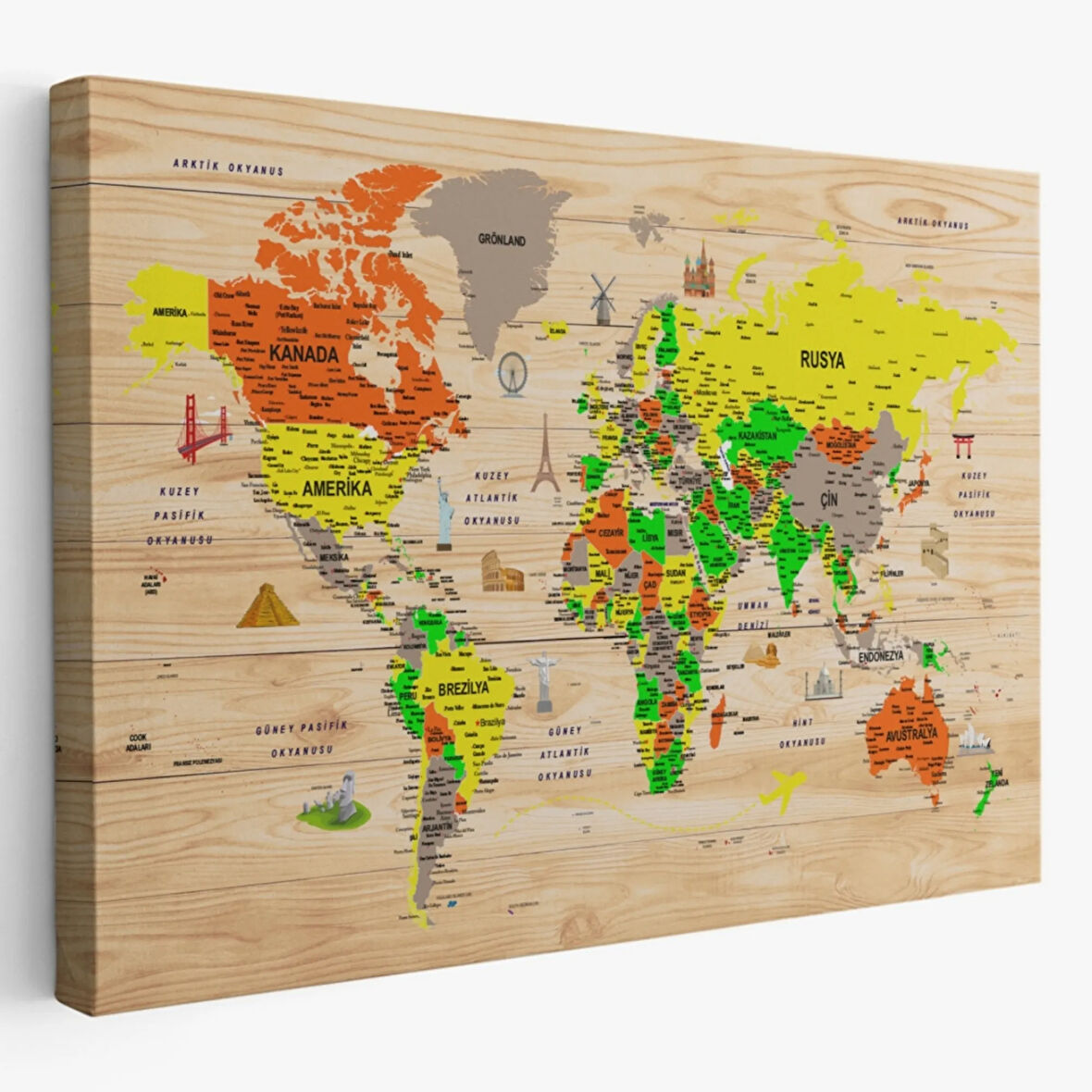 Ahşap Görünümlü ve Sembollü Türkçe Dünya Haritası Dekoratif Kanvas Tablo, Duvar Dekoru 2893