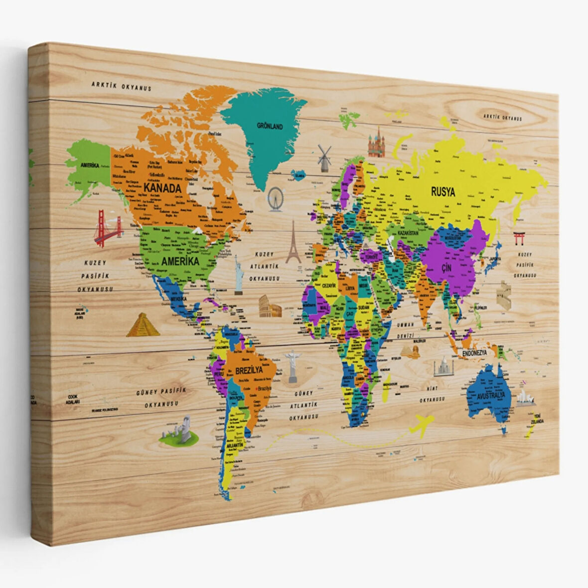 Ahşap Görünüm Sembollü  Türkçe Dünya Haritası Dekoratif Kanvas Tablo, Duvar Dekoru 2903