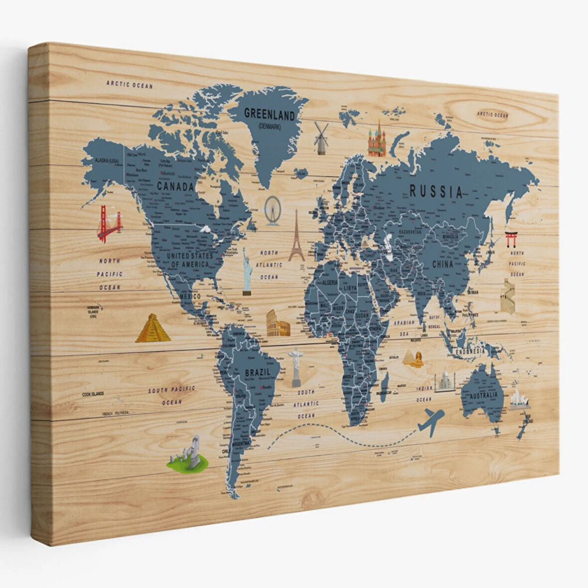 Ahşap Görünüm Sembollü  İngilizce Dünya Haritası Dekoratif Kanvas Tablo, Duvar Dekoru 2912