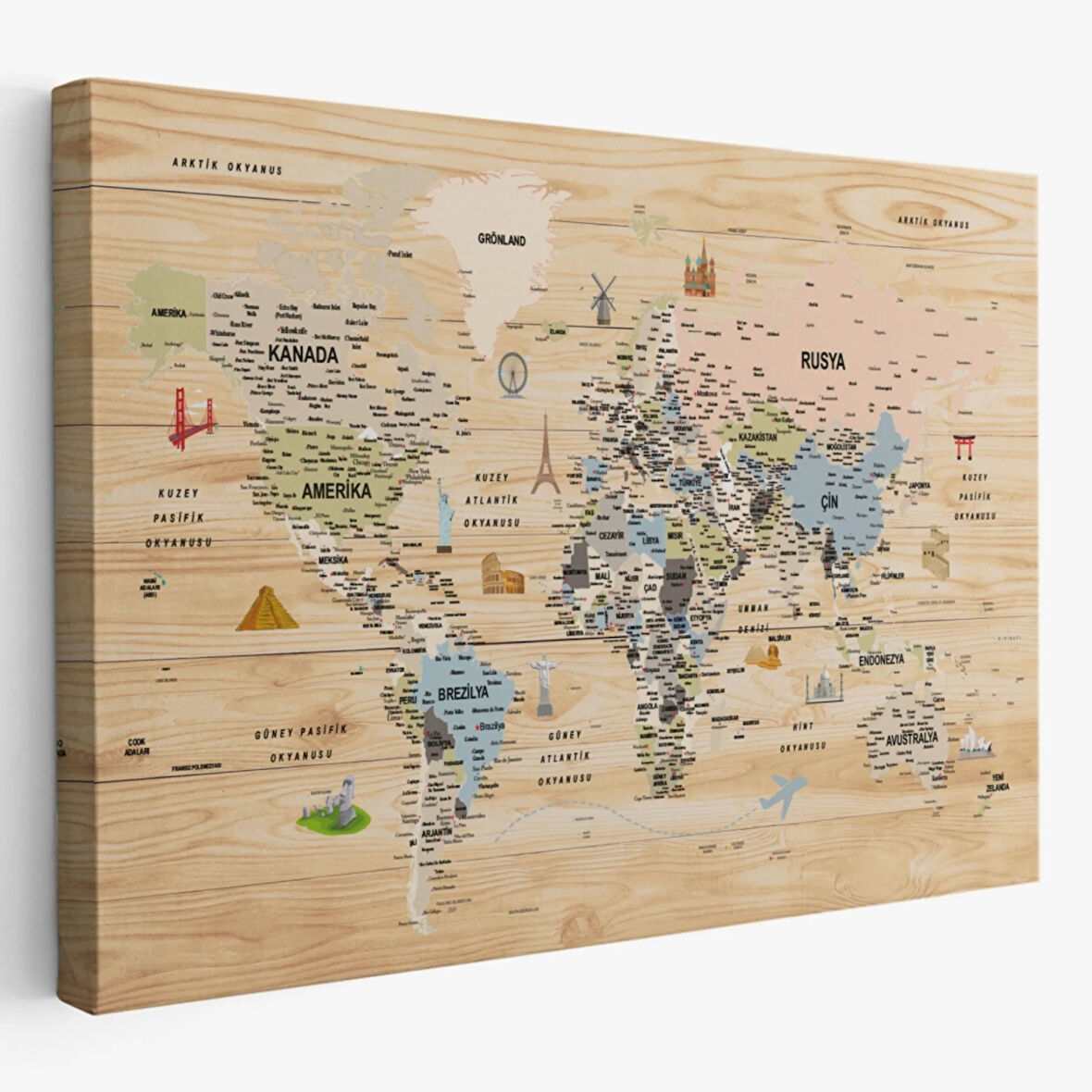 Ahşap Görünüm Sembollü  Türkçe Dünya Haritası Dekoratif Kanvas Tablo, Duvar Dekoru 2923