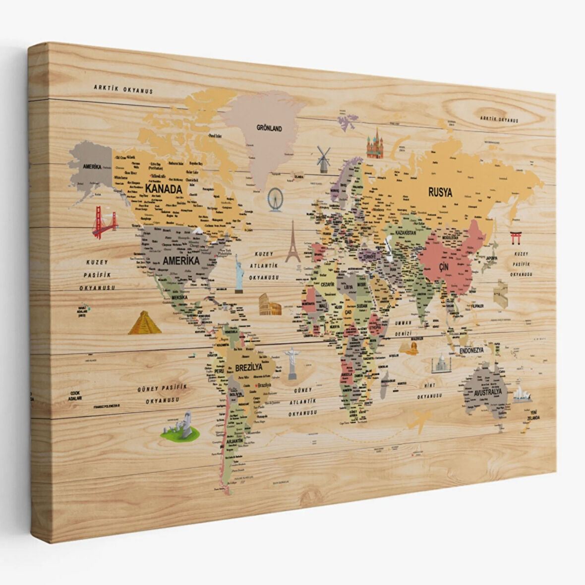 Ahşap Görünüm Sembollü  Türkçe Dünya Haritası Dekoratif Kanvas Tablo, Duvar Dekoru 2925