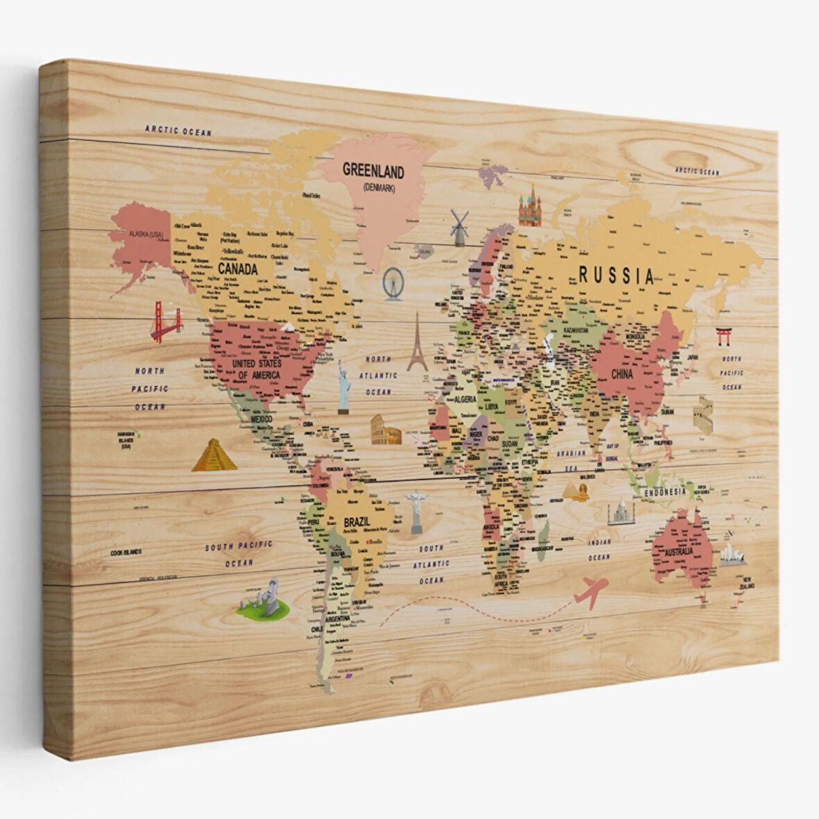 Ahşap Görünüm Sembollü  İngilizce Dünya Haritası Dekoratif Kanvas Tablo, Duvar Dekoru 2930