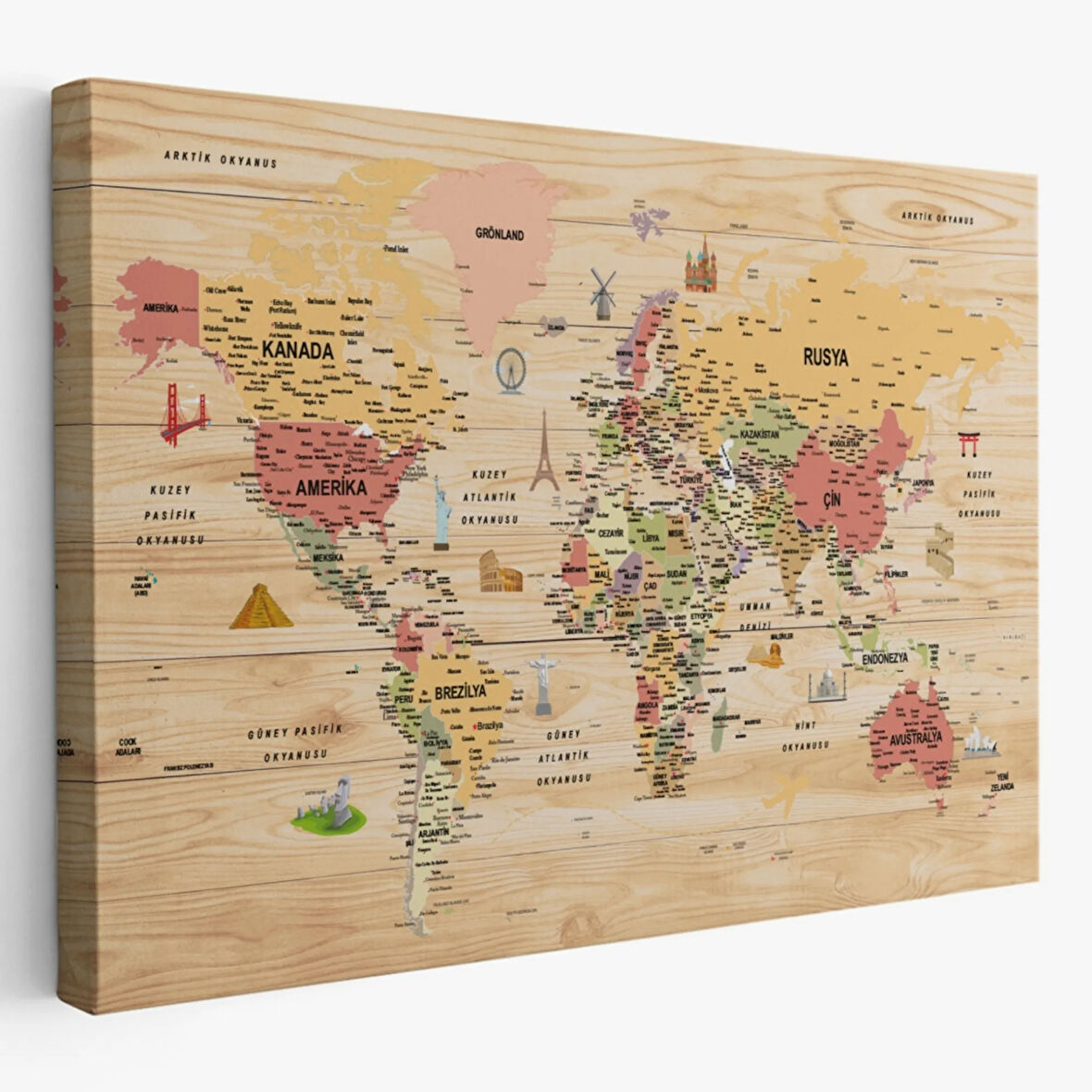 Ahşap Görünüm Sembollü  Türkçe Dünya Haritası Dekoratif Kanvas Tablo, Duvar Dekoru 2931