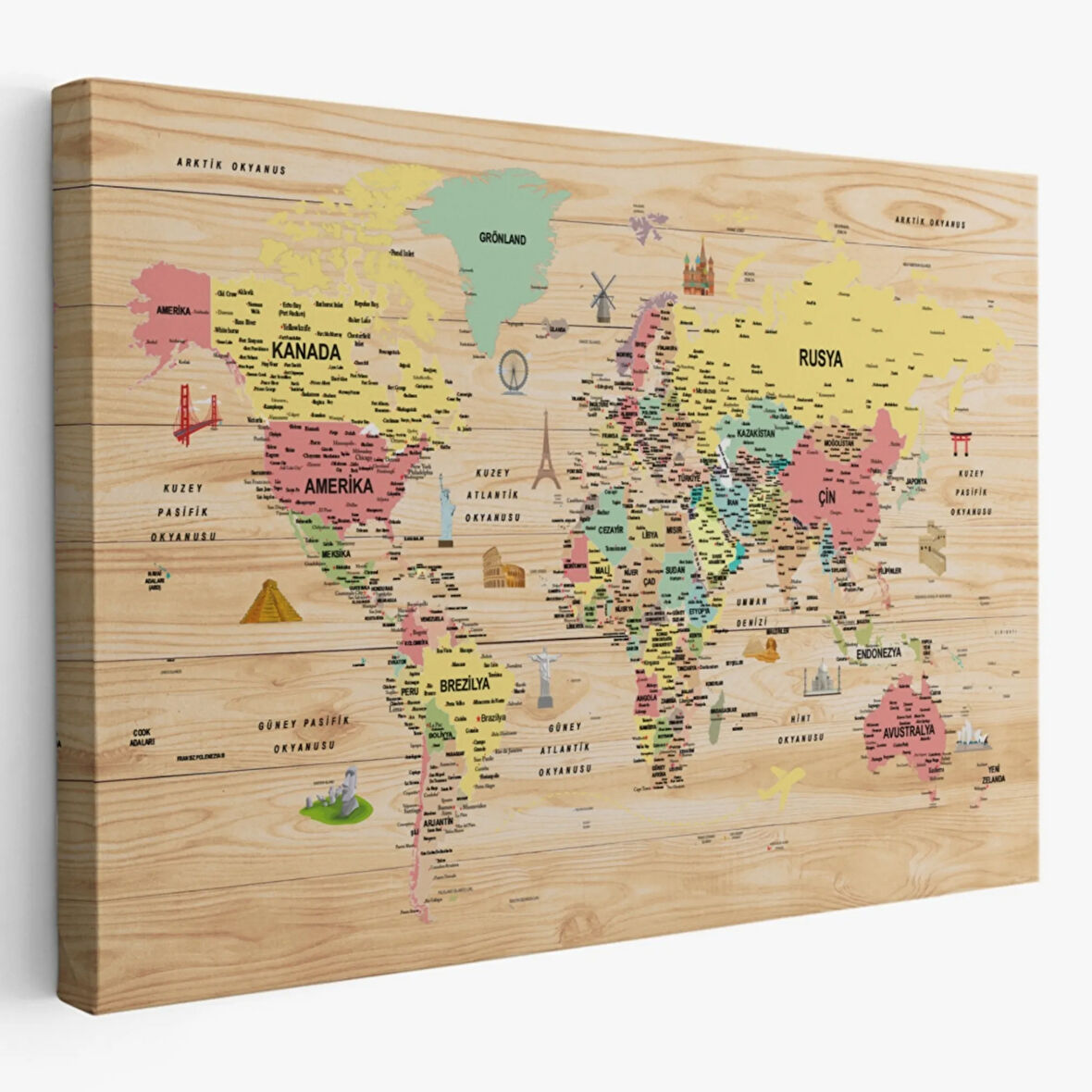 Ahşap Görünüm Sembollü  Türkçe Dünya Haritası Dekoratif Kanvas Tablo, Duvar Dekoru 2935