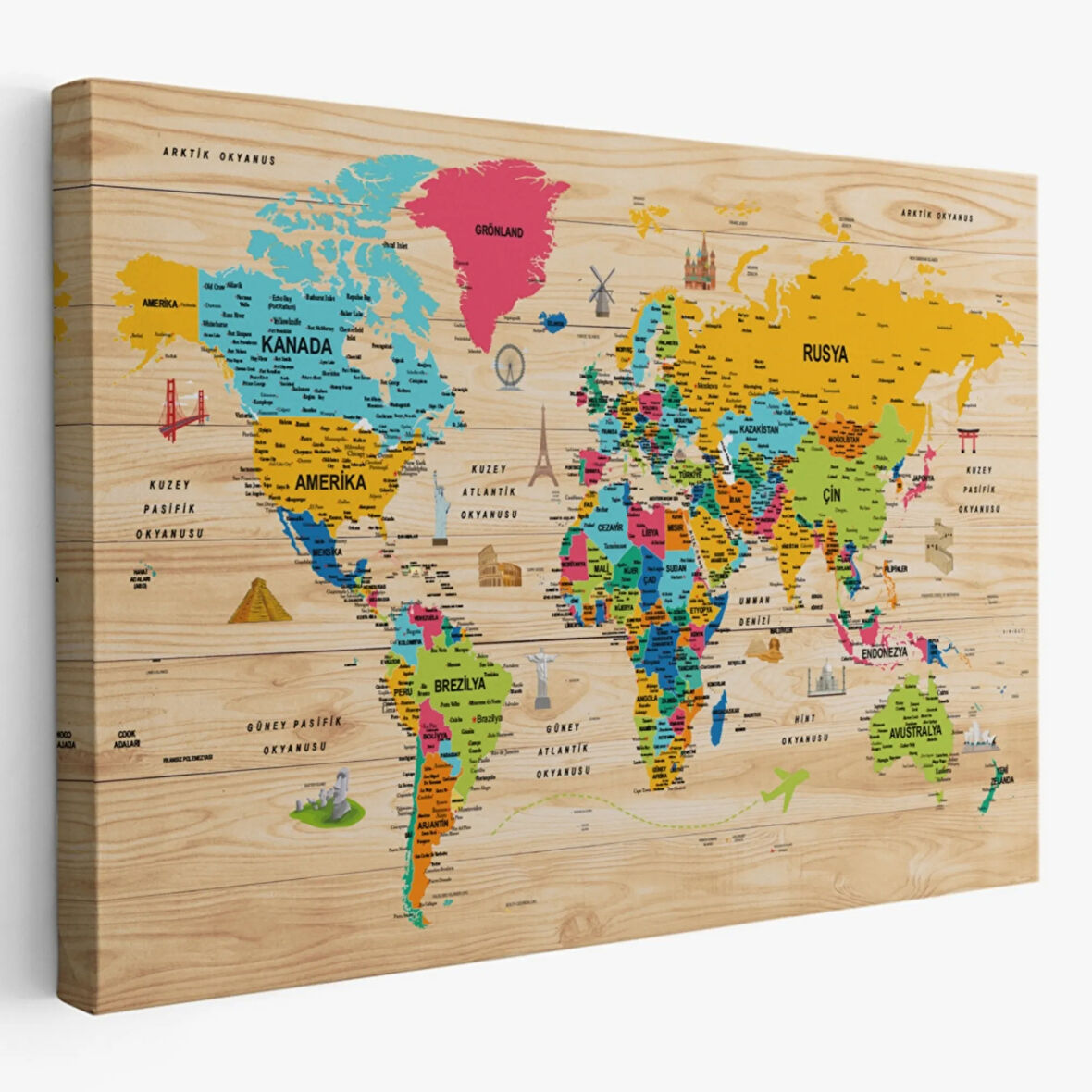 Ahşap Görünüm Sembollü  Türkçe Dünya Haritası Dekoratif Kanvas Tablo, Duvar Dekoru 2939
