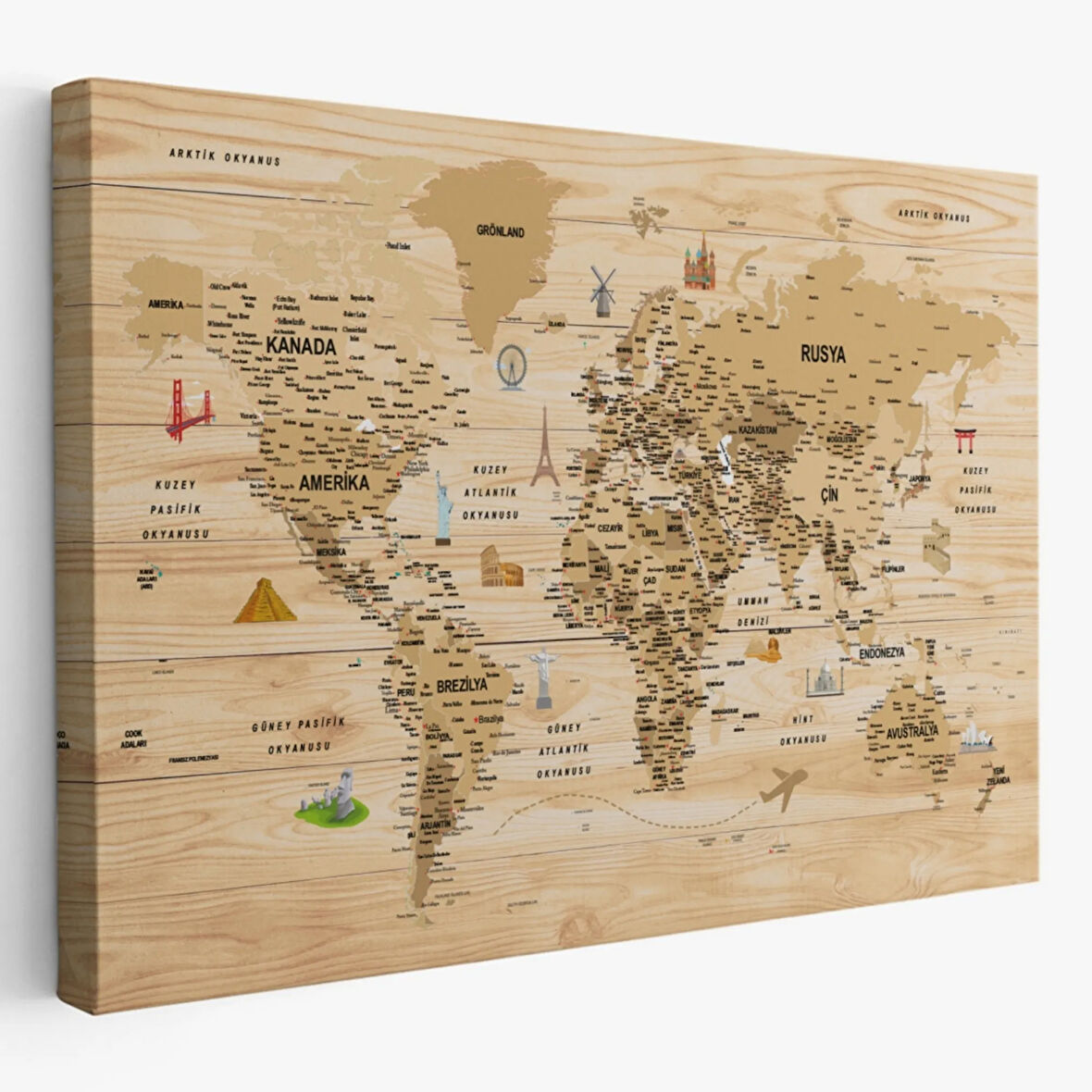 Ahşap Görünüm Sembollü  Türkçe Dünya Haritası Dekoratif Kanvas Tablo, Duvar Dekoru 2945