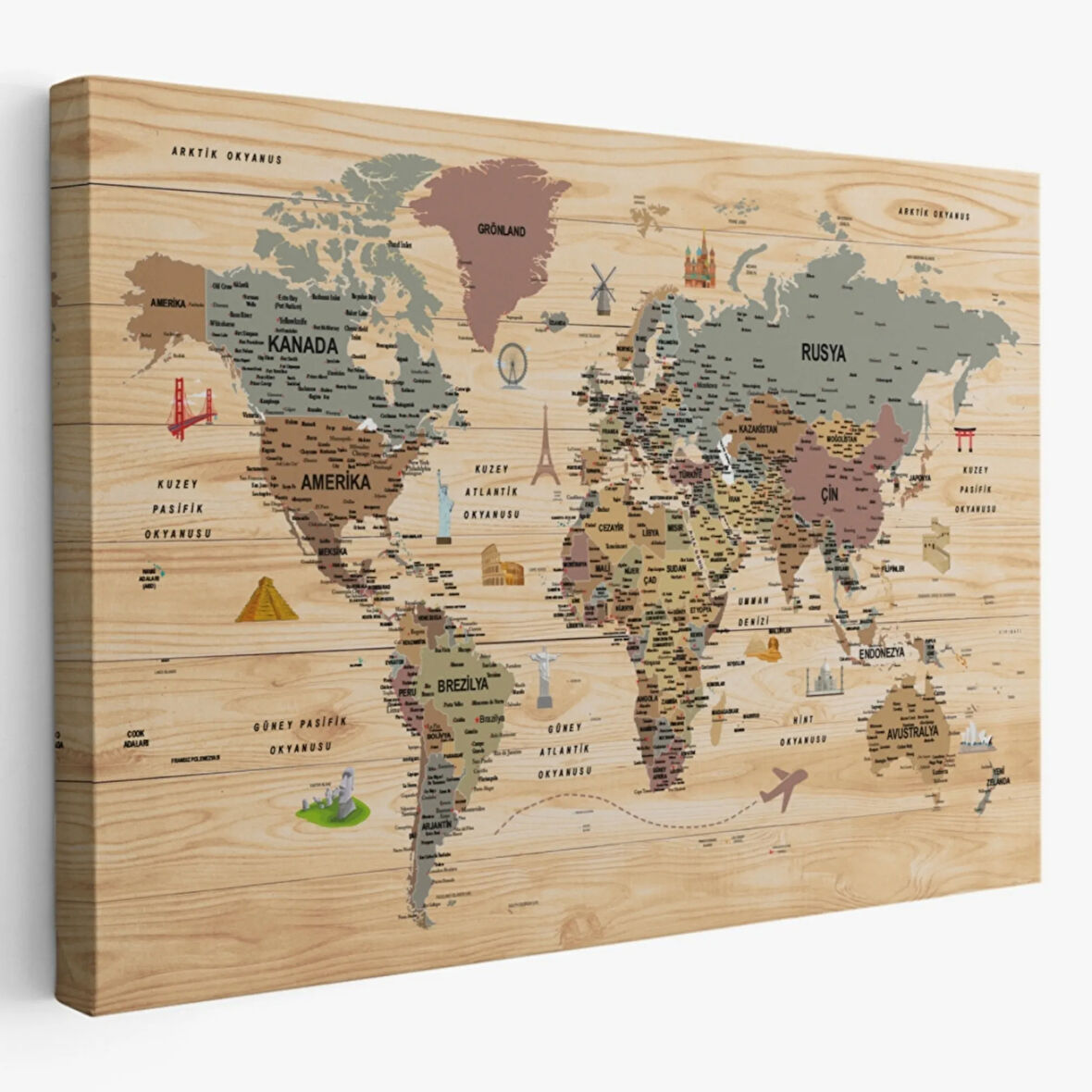 Ahşap Görünümlü ve Sembollü Türkçe Dünya Haritası Dekoratif Kanvas Tablo, Duvar Dekoru 2951
