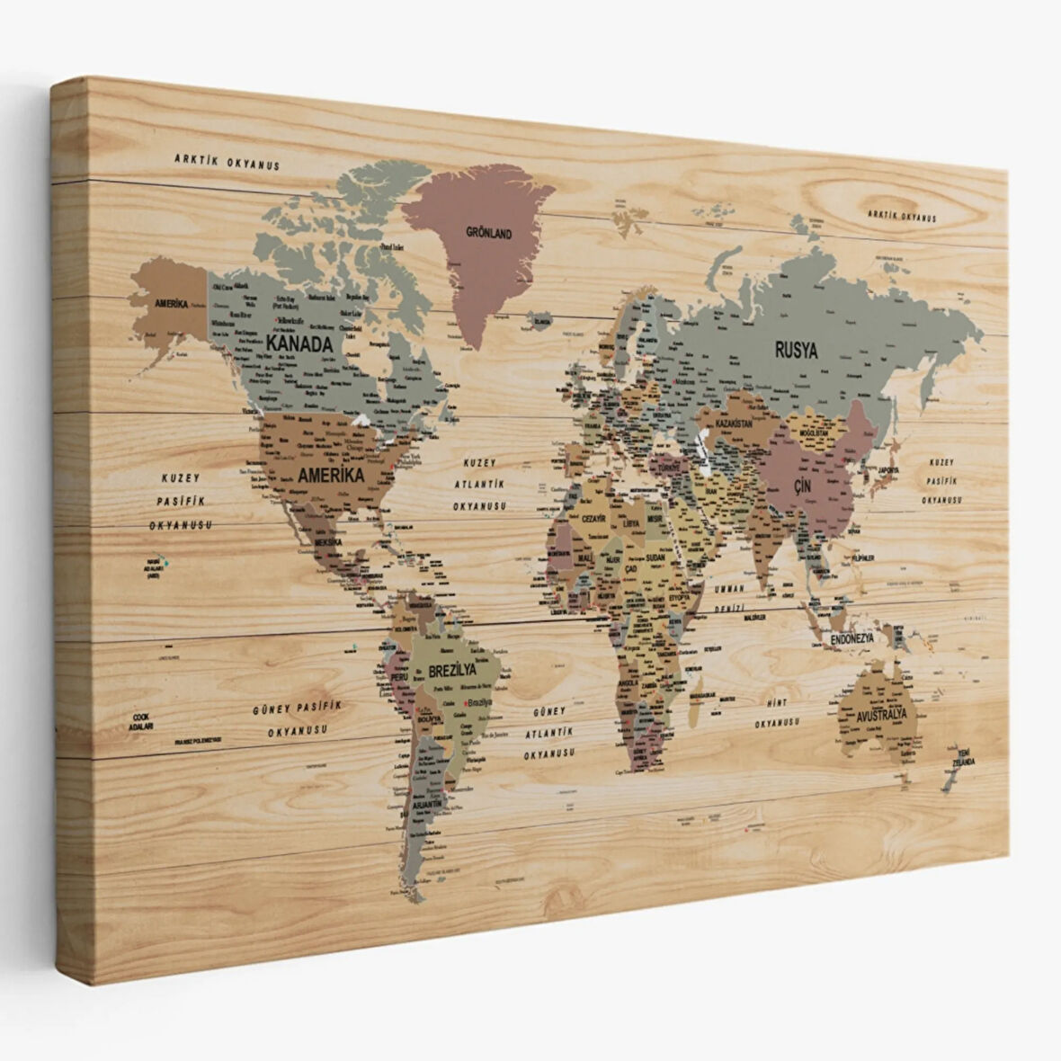 Ahşap Görünüm Detaylı Öğretici Türkçe Dünya Haritası Dekoratif Kanvas Tablo, Duvar Dekoru 2991