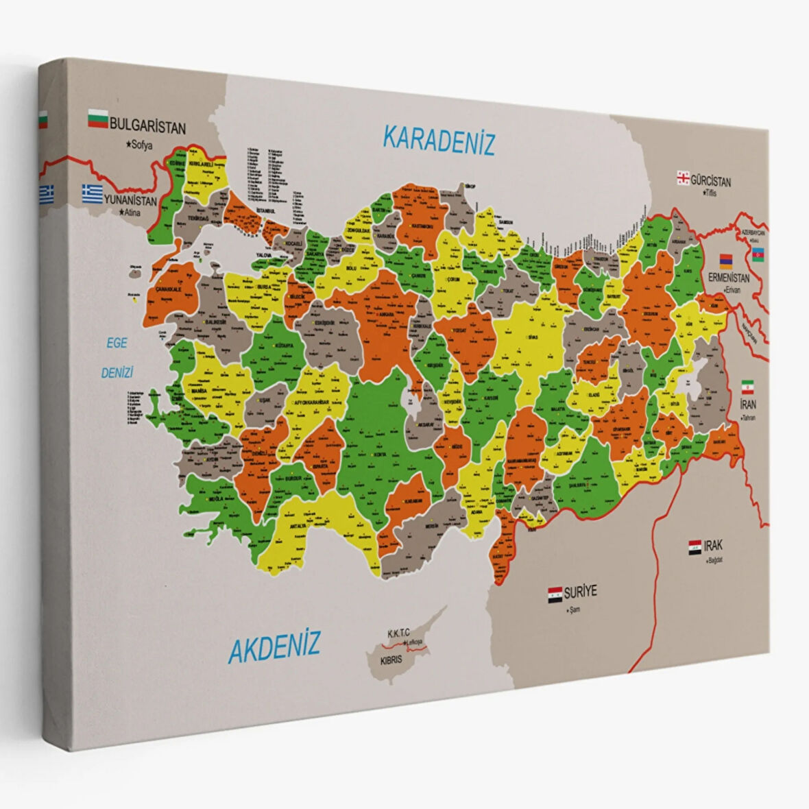 Komşulu İl ve İlçe Detaylı Türkiye Haritası, Harita Dekoratif Kanvas Tablo, Duvar Dekoru 2999