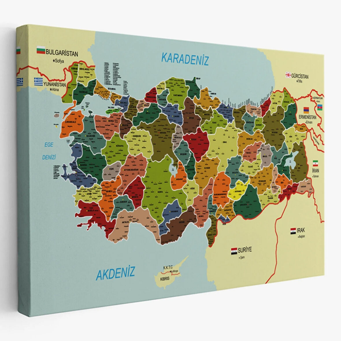Komşulu İl ve İlçe Detaylı Türkiye Haritası, Harita Dekoratif Kanvas Tablo, Duvar Dekoru 3000