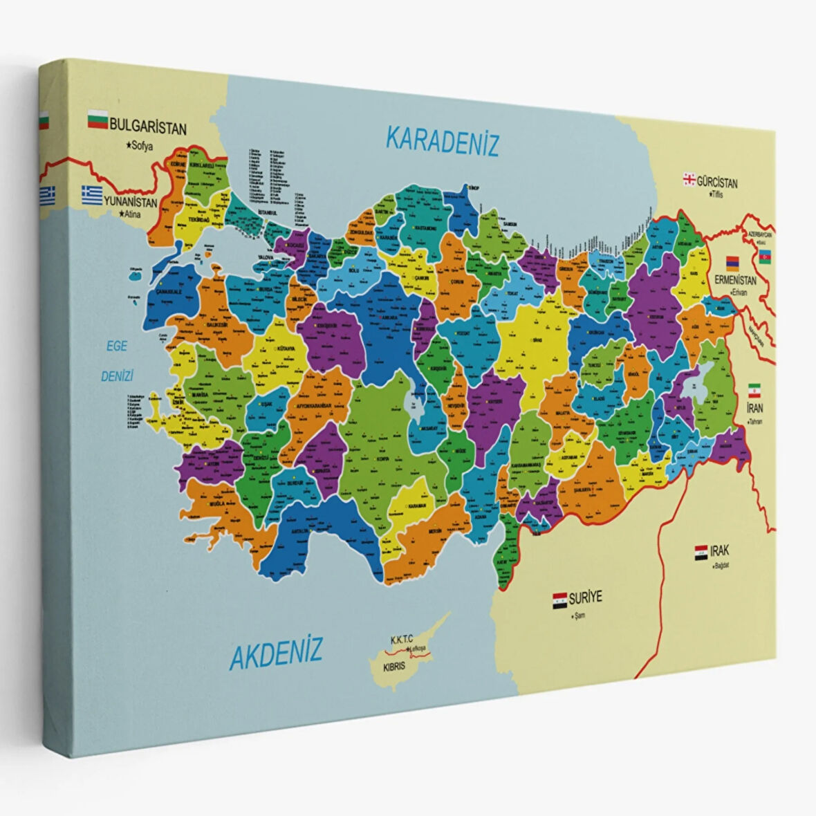 Komşulu İl ve İlçe Detaylı Türkiye Haritası, Harita Dekoratif Kanvas Tablo, Duvar Dekoru 3004