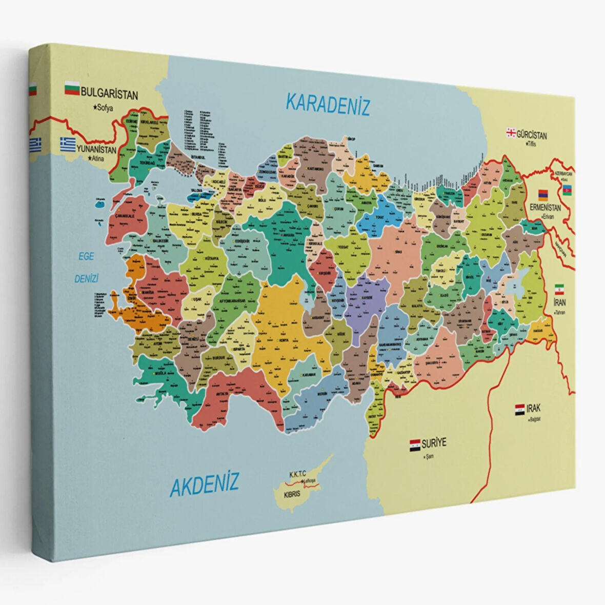 Komşulu İl ve İlçe Detaylı Türkiye Haritası, Harita Dekoratif Kanvas Tablo, Duvar Dekoru 3006
