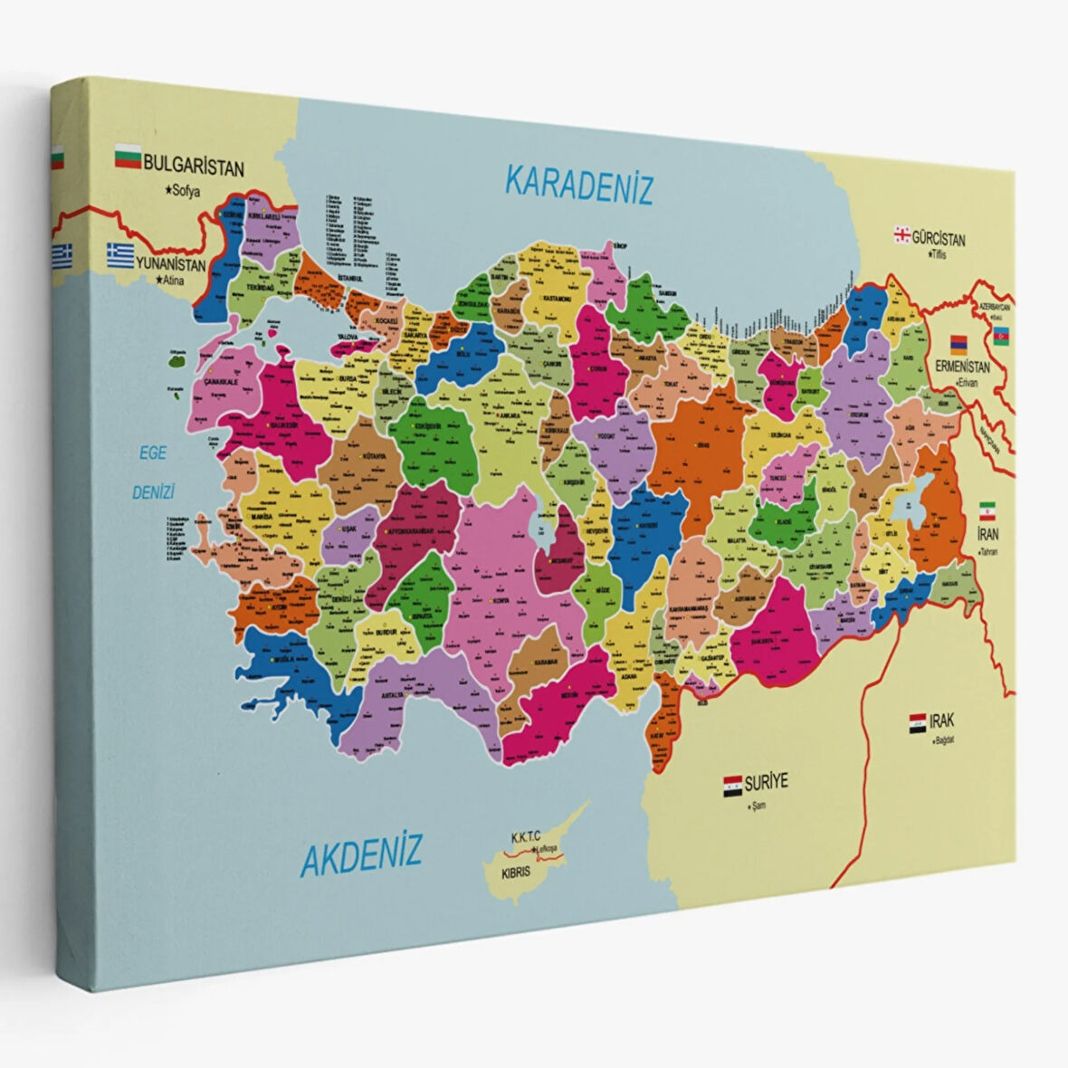 Komşulu İl ve İlçe Detaylı Türkiye Haritası, Harita Dekoratif Kanvas Tablo, Duvar Dekoru 3008
