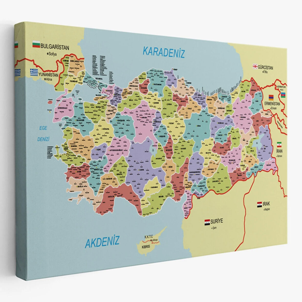 Komşulu İl ve İlçe Detaylı Türkiye Haritası, Harita Dekoratif Kanvas Tablo, Duvar Dekoru 3011