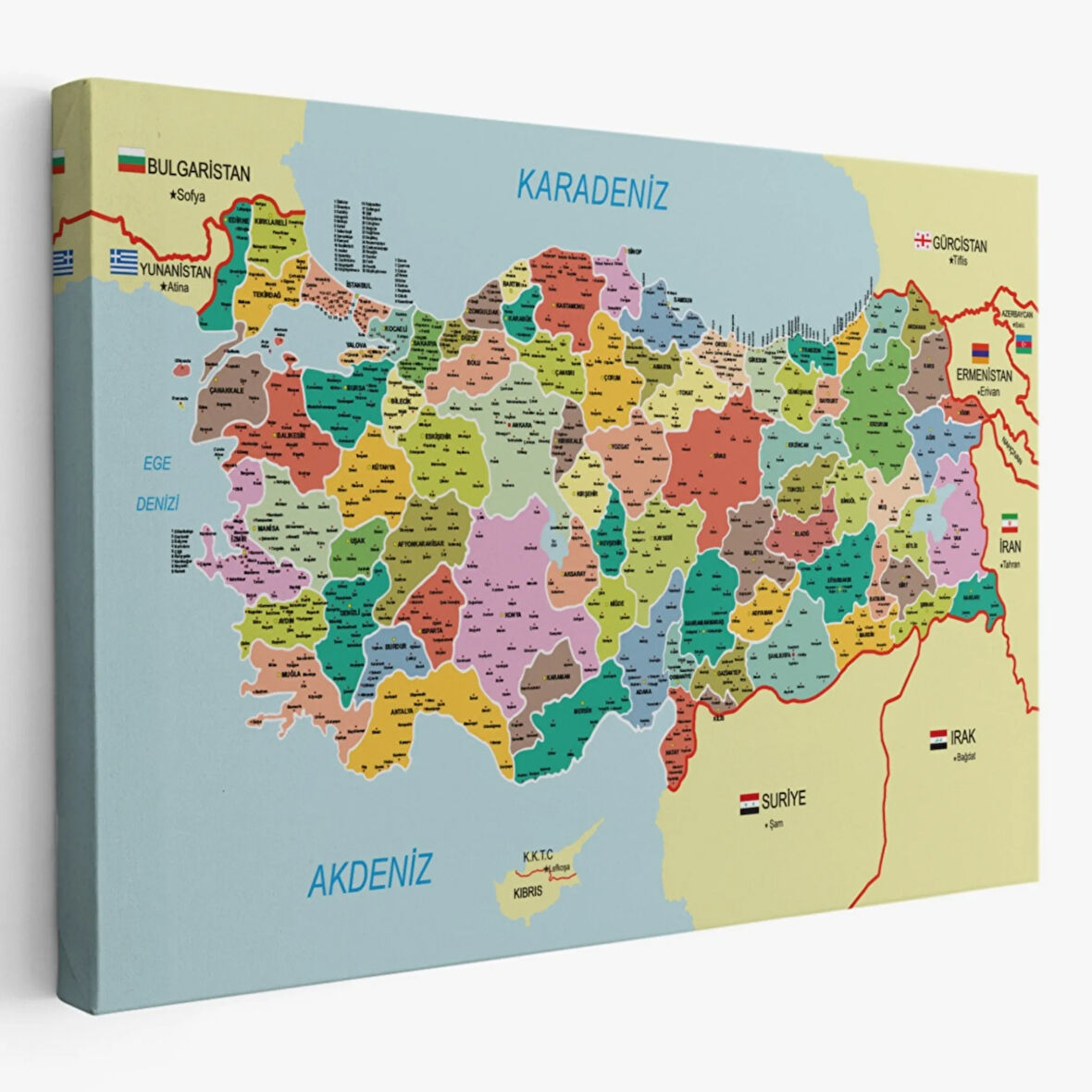 Komşulu İl ve İlçe Detaylı Türkiye Haritası, Harita Dekoratif Kanvas Tablo, Duvar Dekoru 3012