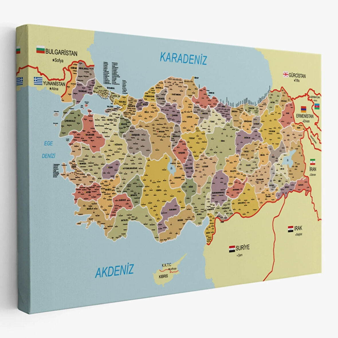 Komşulu İl ve İlçe Detaylı Türkiye Haritası, Harita Dekoratif Kanvas Tablo, Duvar Dekoru 3014