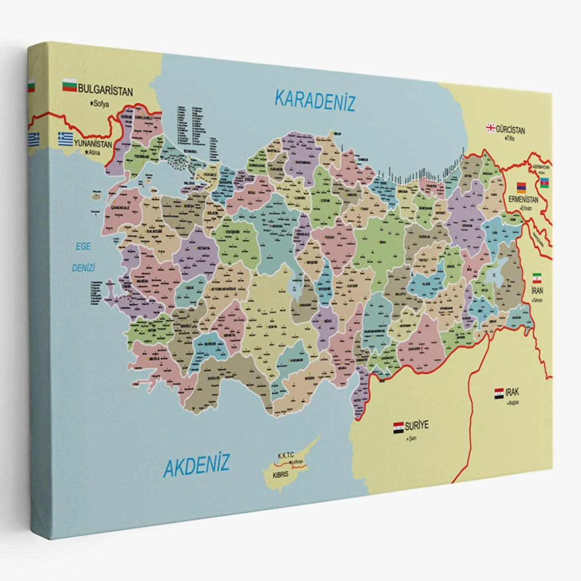 Komşulu İl ve İlçe Detaylı Türkiye Haritası, Harita Dekoratif Kanvas Tablo, Duvar Dekoru 3016
