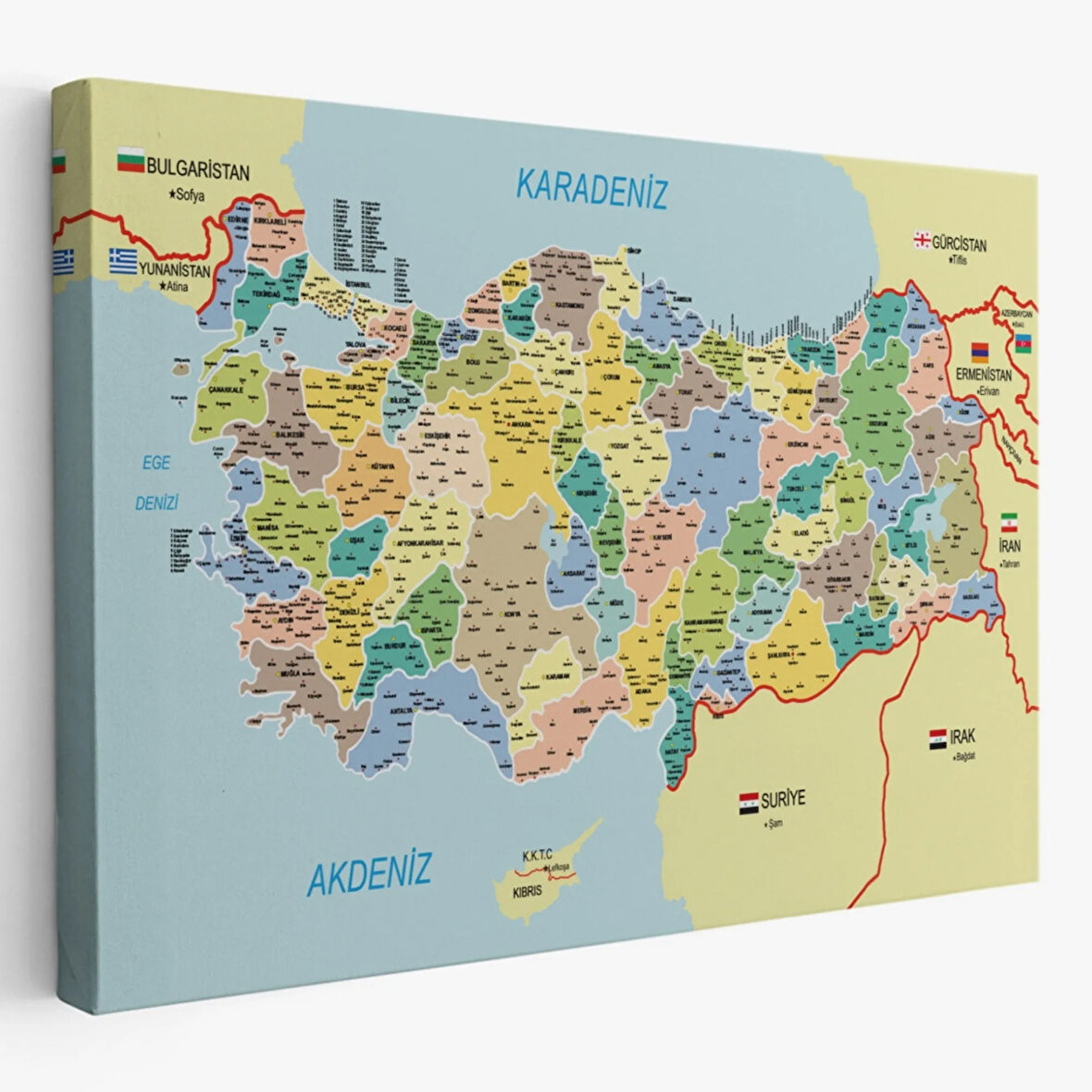 Komşulu İl ve İlçe Detaylı Türkiye Haritası, Harita Dekoratif Kanvas Tablo, Duvar Dekoru 3018