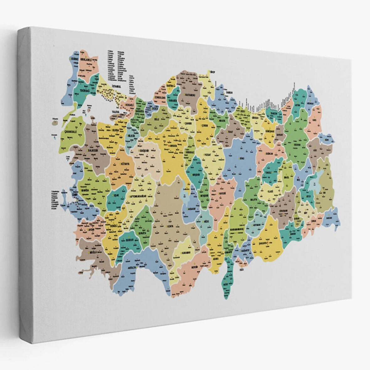 Eğitici İl ve İlçe Detaylı Türkiye Haritası, Harita Dekoratif Kanvas Tablo, Duvar Dekoru 3046