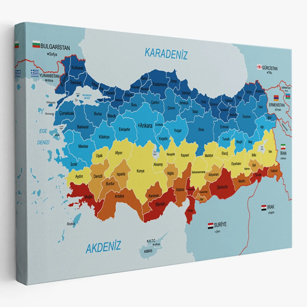 Eğitici Sınır Komşulu Türkiye Haritası, Harita Dekoratif Kanvas Tablo, Duvar Dekoru 3082