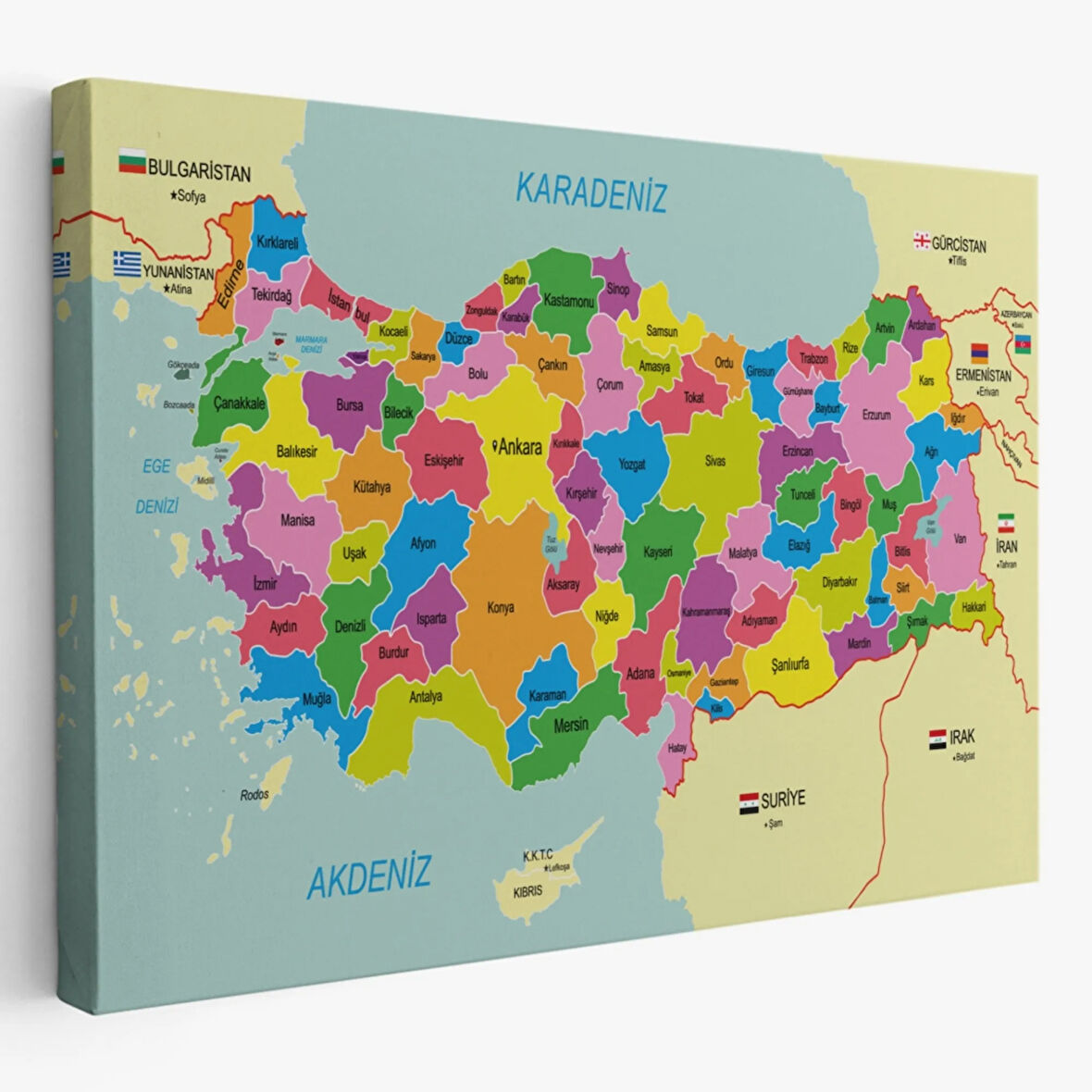 Eğitici Sınır Komşulu Türkiye Haritası, Harita Dekoratif Kanvas Tablo, Duvar Dekoru 3085