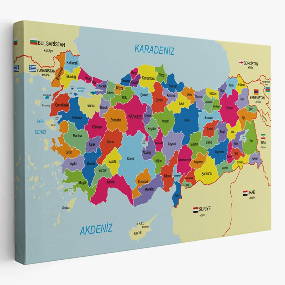 Eğitici Sınır Komşulu Türkiye Haritası, Harita Dekoratif Kanvas Tablo, Duvar Dekoru 3089