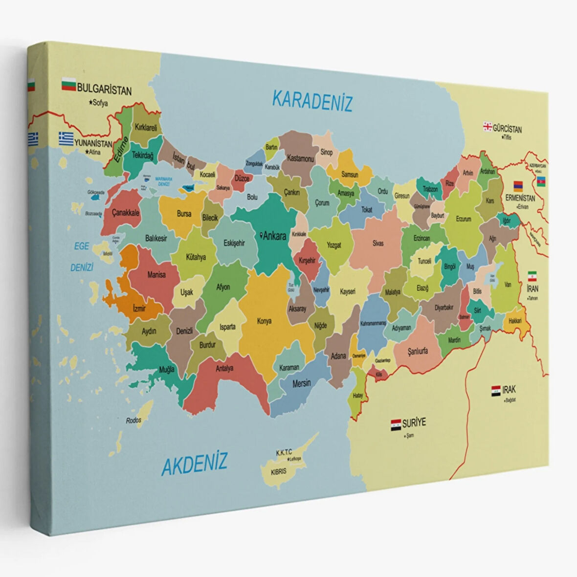 Eğitici Sınır Komşulu Türkiye Haritası, Harita Dekoratif Kanvas Tablo, Duvar Dekoru 3090