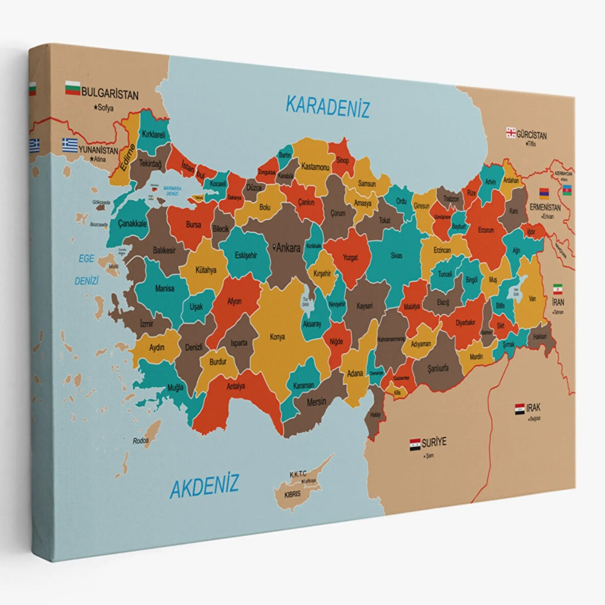 Eğitici Sınır Komşulu Türkiye Haritası, Harita Dekoratif Kanvas Tablo, Duvar Dekoru 3094