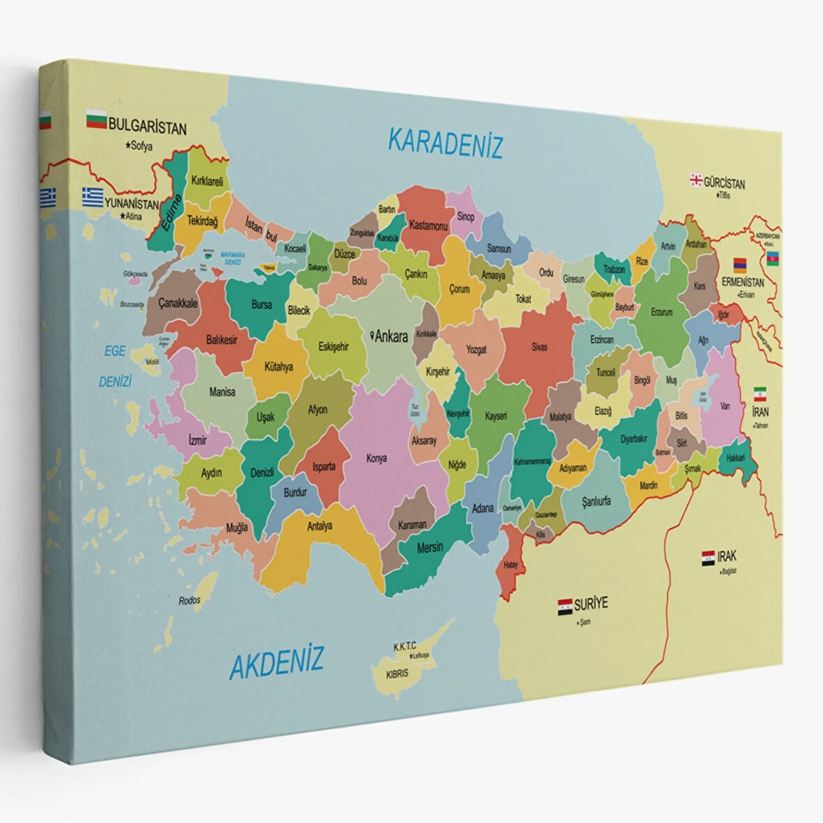 Eğitici Sınır Komşulu Türkiye Haritası, Harita Dekoratif Kanvas Tablo, Duvar Dekoru 3096