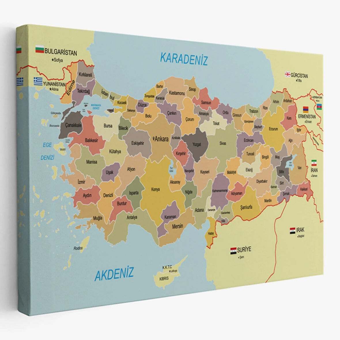 Eğitici Sınır Komşulu Türkiye Haritası, Harita Dekoratif Kanvas Tablo, Duvar Dekoru 3098