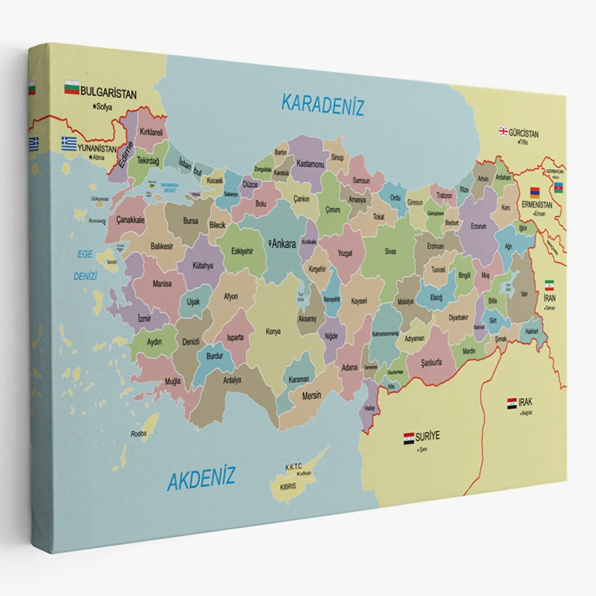 Eğitici Sınır Komşulu Türkiye Haritası, Harita Dekoratif Kanvas Tablo, Duvar Dekoru 3100
