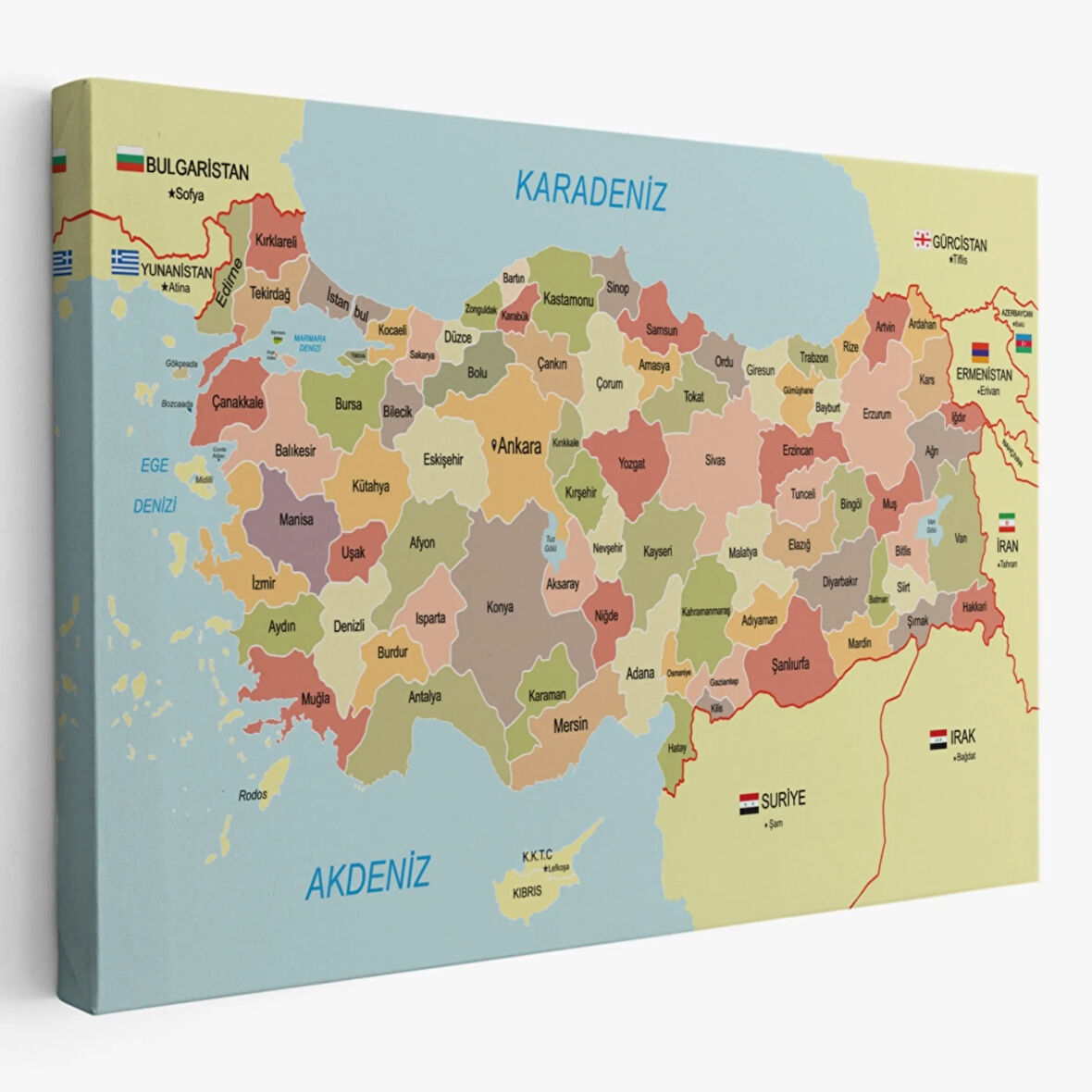Eğitici Sınır Komşulu Türkiye Haritası, Harita Dekoratif Kanvas Tablo, Duvar Dekoru 3101