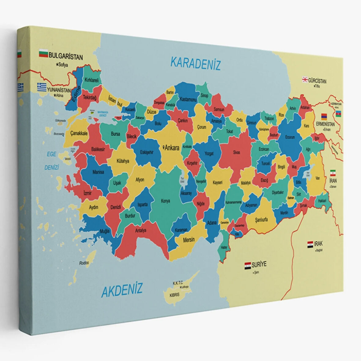 Eğitici Sınır Komşulu Türkiye Haritası, Harita Dekoratif Kanvas Tablo, Duvar Dekoru 3103