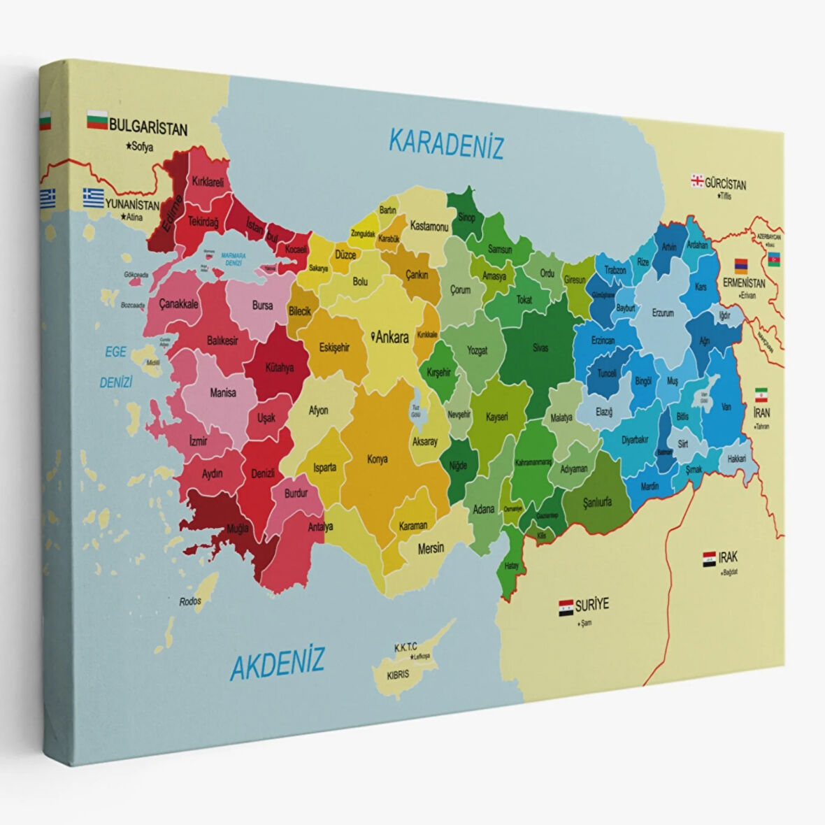 Eğitici Sınır Komşulu Türkiye Haritası, Harita Dekoratif Kanvas Tablo, Duvar Dekoru 3105