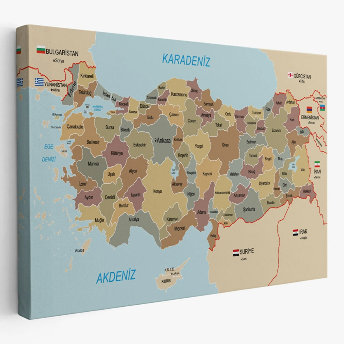 Eğitici Sınır Komşulu Türkiye Haritası, Harita Dekoratif Kanvas Tablo, Duvar Dekoru 3106