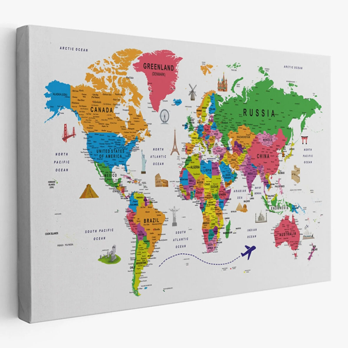 Eğitici Detaylı Sembollü İngilizce Dünya Haritası Dekoratif Kanvas Tablo, Duvar Dekoru 3173
