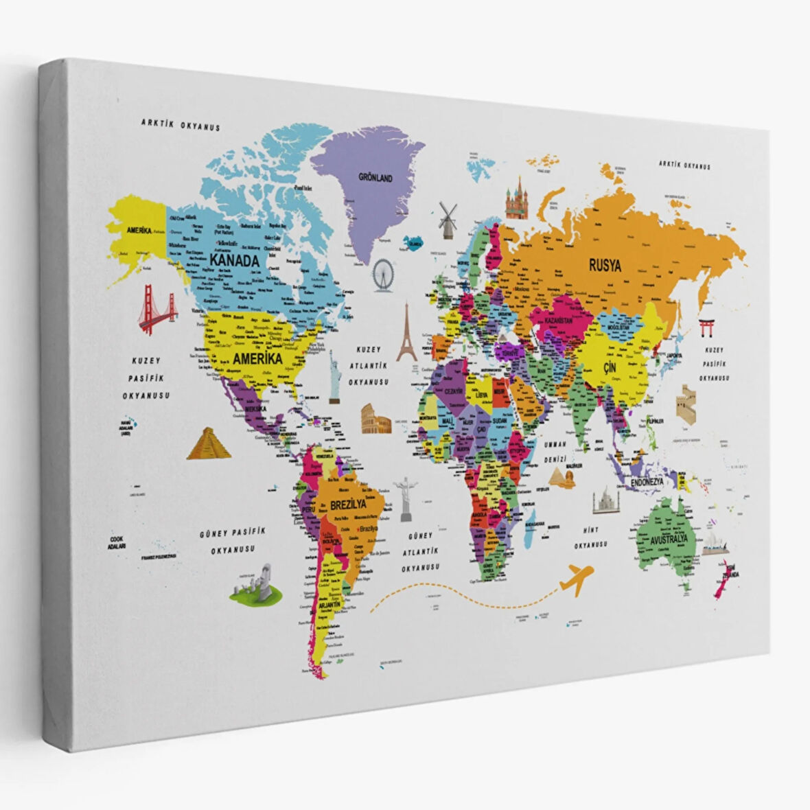 Eğitici Detaylı Sembollü Türkçe Dünya Haritası Dekoratif Kanvas Tablo, Duvar Dekoru 3180