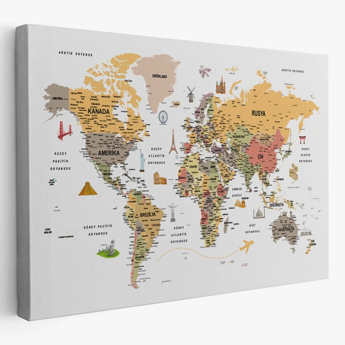 Ülkeler ve Semboller Detaylı Türkçe Dünya Haritası Dekoratif Kanvas Tablo, Duvar Dekoru 3200