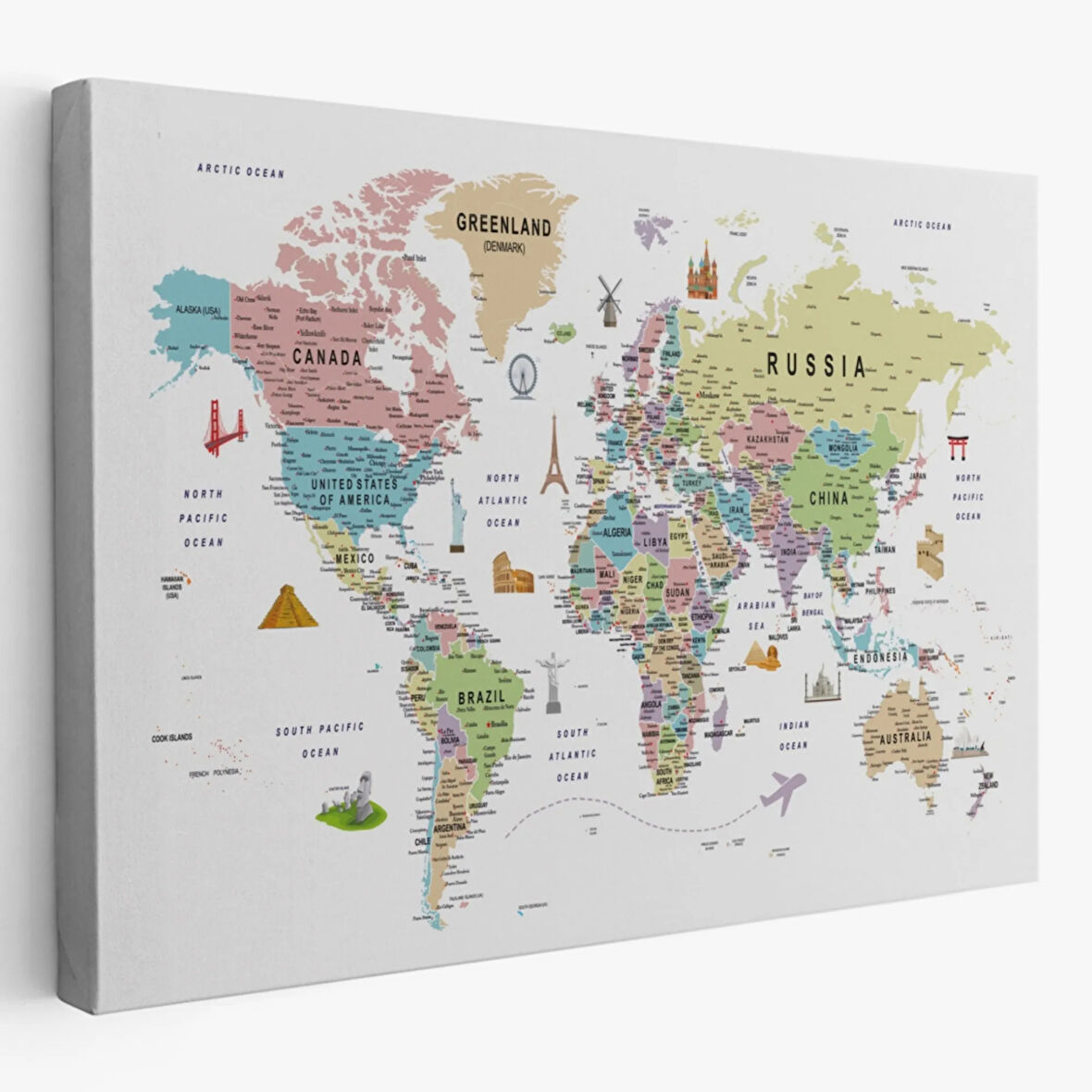 Eğitici Detaylı Sembollü İngilizce Dünya Haritası Dekoratif Kanvas Tablo, Duvar Dekoru 3203