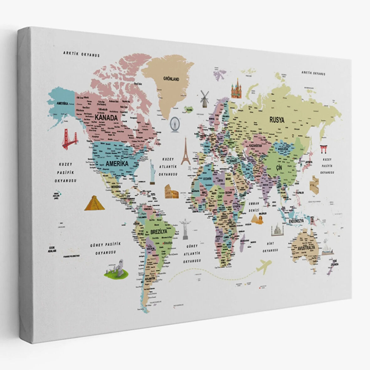 Eğitici Detaylı Sembollü Türkçe Dünya Haritası Dekoratif Kanvas Tablo, Duvar Dekoru 3204